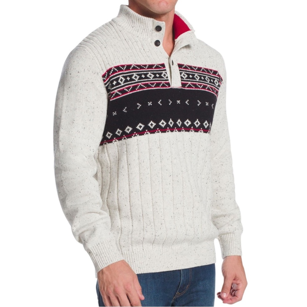 Chaps Ivory Black Red Fair Isle Button Mock Neck Pull Over Sweater Size Small